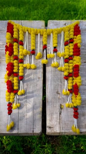 Image of iHandikart Handcrafted red & Yellow Artificial Marigold bandanwar that adds Festive Charm to Doors and Walls. Ideal for Makar Sankranti, Lohri, Housewarming, Pooja decor and Home Decoration (B0085)