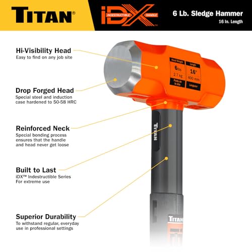 Image of Titan iDX 63616 6lb Sledge Hammer with 16 inch Indestructible Handle Reinforced with Steel Locking Plates & Steel Bars, Vulcanized Rubber Grip, Overstrike Protection