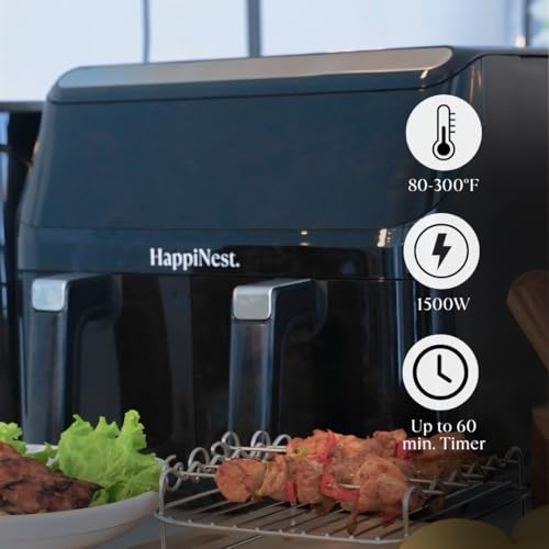 HappiNest 8L Smart Double Air Fryer – Low Wattage, Dual Basket Air Fryer with Touch Screen & Manual Control, Non-Toxic, Black Stainless Steel Portable Multi Cooker for Healthy Cooking - Image 9