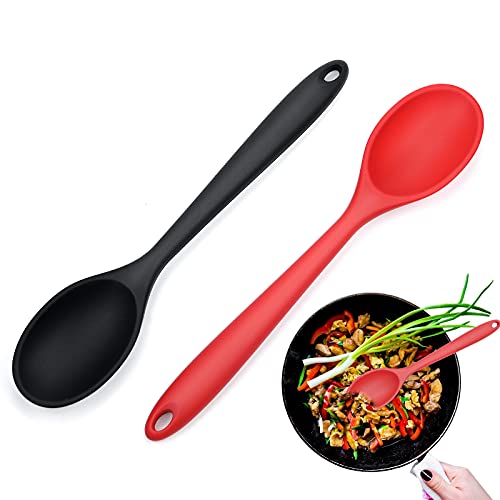 Juego de 2 cucharas de Cocina antiadherentes de Silicona, Resistentes al Calor, BPA Cucharas de Cocina Antiadherentes para Agitar, Cucharar, Mezclar, Cuchara de Sopa de Grado Alimenticio (Negro+Rojo)