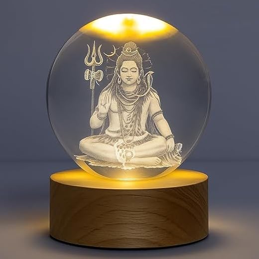 Onward 3D Mahadev Crystal Ball LED Night Lamp, Lord Shiva Design with Wooden Base, Spiritual Table Lamp for Home Temple, G...