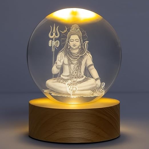 Onward 3D Mahadev Crystal Ball LED Night Lamp, Lord Shiva Design with Wooden