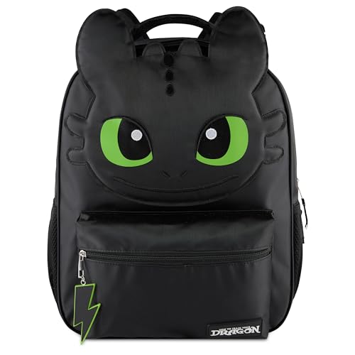 AI ACCESSORY INNOVATIONS How to Train Your Dragon Toothless Backpack Black 16 Inch School Bag with 3D Face Applique Green Eyes Lightning Bolt Keychain for Boys and Girls