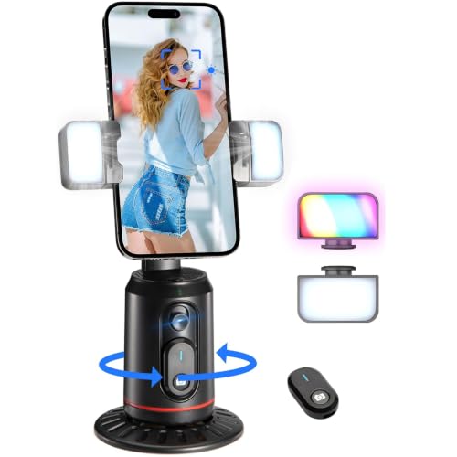 Image of MQOUNY Auto Face Tracking Phone Holder, 360 Rotation Face Body Phone Tripod Smart Shooting Camera Mount with Rechargeable Remote and Light for Live Vlog Streaming Video, Rechargeable