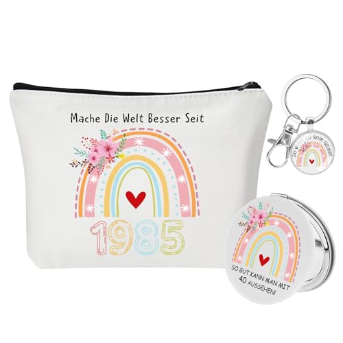 40 Geburtstag Frauen inklusive Kosmetiktasche für Frauen Taschenspiegel und Schlüsselanhänger, 40 Geburtstagsgeschenk Make-up Tasche(1985) Geschenkideen für Damen Freund Kollege zum 40. Geburtstag
