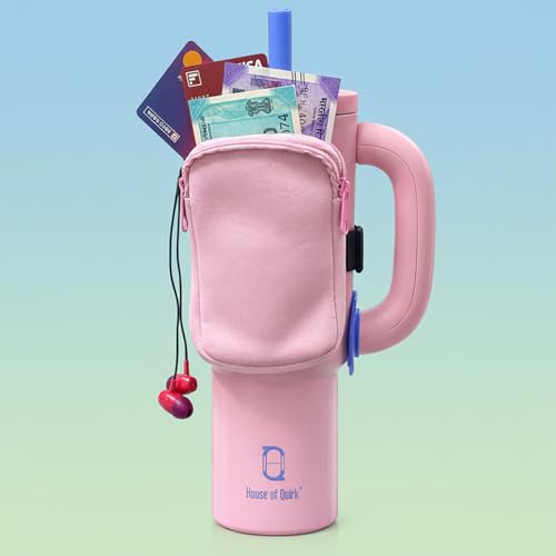 Image of House of Quirk Water Bottle Carrier Bag for Cards, Key 40 /30 oz Tumbler Neoprene Water Bottle Holder Pouch with Adjustable Strap (Pink)