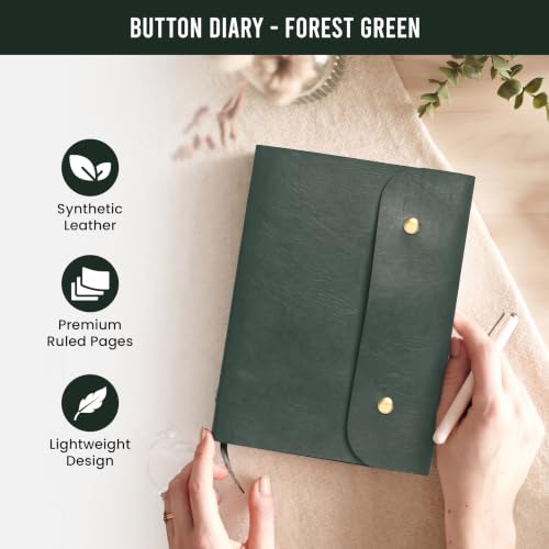 Image of The Messy Corner Leather Button Diary | A5 Travel Dairy for Men and Women | Vegan & Premium Quality | 80 GSM, 140 Ruled Pages - Stylish Forest Green Notepad