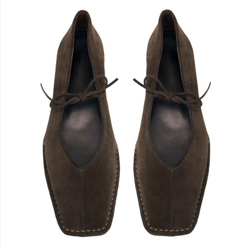 Image of Ballet Flats for Women Lace Up Bow Square Toe Mary Janes Cute Ballerina Shoes Slip On Comfortable Elegant Dress Shoes