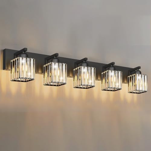 Image of Black Crystal Bathroom Vanity Light, 5-Light Modern Bathroom Lighting Fixtures Over Mirror, Matte Black Wall Sconce Light Fixtures with Square Shade