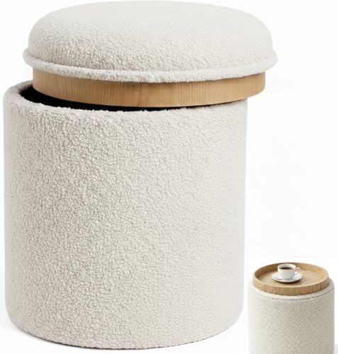 RIOGOM®️ Reposapies Salon - Puff Almacenaje con Mesa de Madera reversible Tela Suave, Baul Almacenaje, Reposapies Sofa, Taburete almacenaje, Banco almacenaje, Banco almacenaje asiento, Ø34x38 (Blanco)