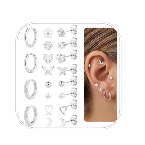 Image of 10 Pairs Gold Stud Earrings for Women, Hypoallergenic Surgical Stainless Steel Small Stud earrings Sterling Silver Stud Earrings Tiny CZ Hoop Cartilage Helix Tragus Piercing Jewellery (Silver)
