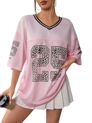 SOLY HUX Jersey Shirts for Women Y2k Graphic Number Oversized Tees V Neck Half Sleeve Cute Soccer Streetwear T Shirt Tops