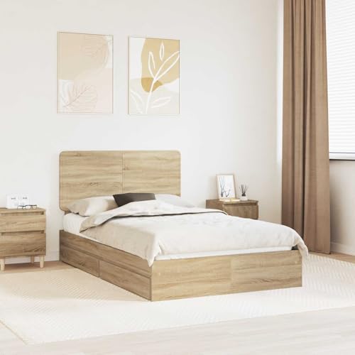 Nqyjm - Cama de almacenamiento de roble Sonoma (135 x 190 cm, madera de ingeniería, somier sin colchón, fácil de montar para dormitorio, hotel, dormitorio L34H12695