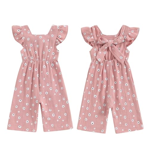 GOOCHEER Toddler Baby Girls Outfit Flower Print Jumpsuit Sleeveless Bowknot Romper Overall Pants Summer Clothes (Pink, 2-3 Years)