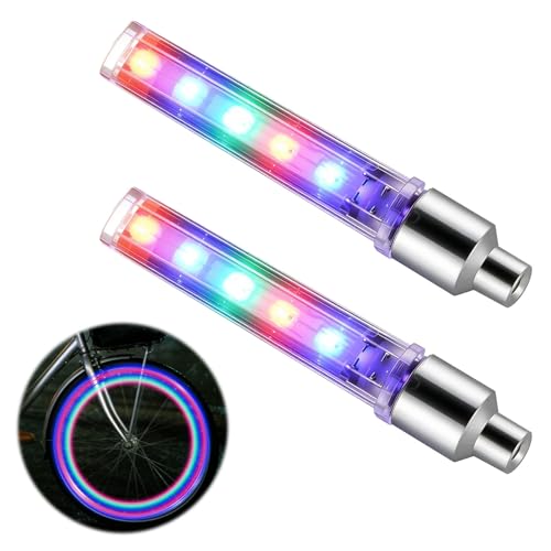 2 Pack Bike Wheel LED Lights 5 LEDs Bike Tire Valve Light Neon Flashing Tire Valve Spoke Lights with 7 Model Bike Wheel Lights 5 LEDs for Safety Night Riding for Adults & Kids