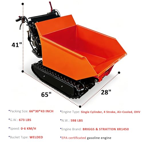 Carretilla de cadena con capacidad de carga de 1100 LBS, motor de gasolina 306cc 10HP, caja de cambios 3F+1R, volteo hidráulico, cubeta soldada y orugas anchas de 180mm miniatura 4