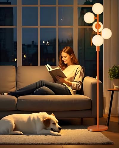 Image of Lightdot 5-Globe Dimmable Globe Floor Lamp Orange Retro Standing Lamps with 5Pcs Bulbs Included Brightness Adjustable Mid Century Modern Floor Lamp with 5Lbs Heavy Base for Living Room /Sofa Beside