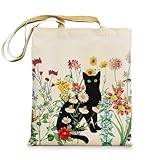 bmuvghi Black Cat Canvas Tote Bag with Zipper Pockets Vintage Flowers Cute Tote Bag Aesthetic Reusable Shopping Grocery Bags Birthday Gifts for Women