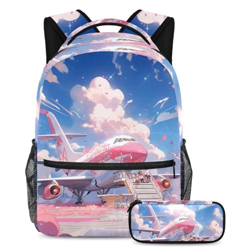 Cartable enfant avec trousse assortie motif avion rose 40cm