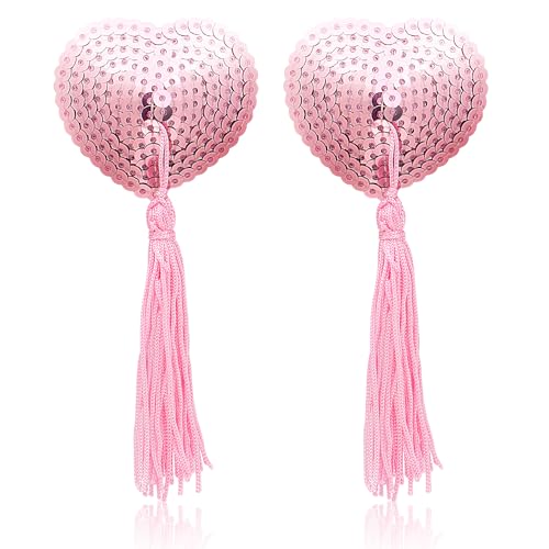 Hebenie Breast Pasties for Women – Reusable Heart-Shaped Nipple Covers with Sequins & Tassel, Self-Adhesive Silicone Breast Petals Pink