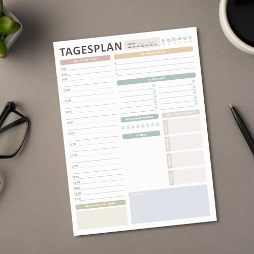 BIROYAL A4 Tagesplaner Block ohne festes Datum, 50 Seiten | Zeitmanagement und Gesundheitstracking für den Alltag | To Do Liste Block | Home Office Gadget, Büro Organisation, ADHS Planer Erwachsene