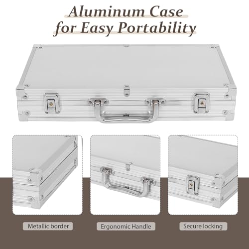 HOMASIS Pokerset mit 300 Chips, Alu Pokerkoffer mit 2 Kartendecks, 5 Würfeln, 1 Dealer Button, Poker Koffer abschließbar, Poker Set Pokerkarten für Texas Hold'em (300 Chips, Silber) – Bild 5