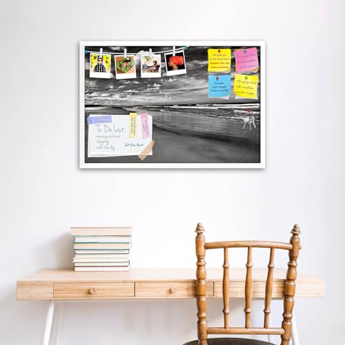 Image of ArtzFolio Sea, Air, & Land Monochrome Contrast | Bulletin Board Notice Pin Board | Vision Soft Board Combo with Thumb Push Pins & Sticky Notes | White Frame | 18 x 12 inch (46 x 30 cms)