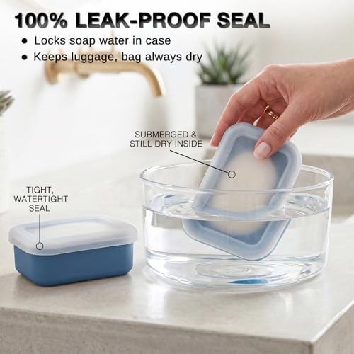HighHerz Compact Leak Proof Silicone Travel Soap Case with Draining Tray - Portable Bar Soap Container - 2026 Upgrade Travel Essentials for Camping, Gym & Shower (Clear Blue) - 2