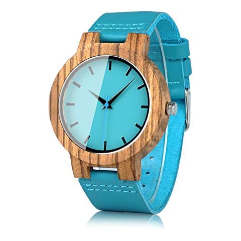BOBO BIRD Men's Bamboo Wooden Watch with Blue Cowhide Leather Strap Casual Watches for Groomsmen Gift with Box (Blue) Cover