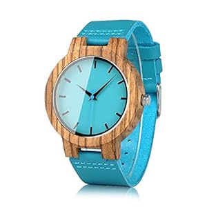 BOBO BIRD Men’s Bamboo Wooden Watch with Blue Cowhide Leather Strap Casual Watches for Groomsmen Gift with Box