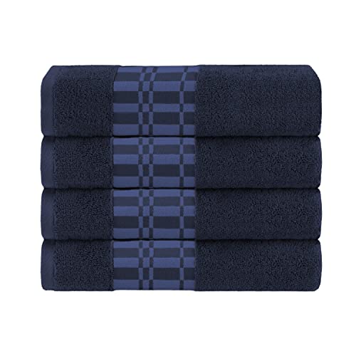 SUPERIOR Cotton 4 Piece Towel Set, Soft Highly-Absorbent Plush Quick Dry, Medium Weight Bathroom Accessories, Vintage Geometric Jacquard Dobby Border, Bath Towels 30” x 52”, Navy-Blue