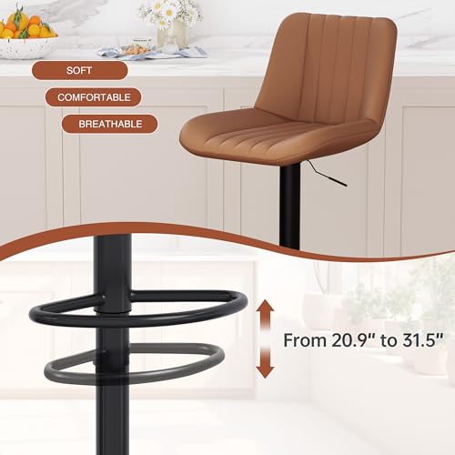 Image of JAMFLY Modern Leather Bar Stools - Swivel & Height-Adjustable Bar Chairs with Footrest, Ergonomic Design for Kitchen Island, Home & Commercial Bar - Set of 4, Brown
