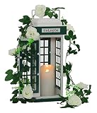 YAKii Metal Candle Lantern Decorative Telephone Booth Design with Artificial White Rose Bouquets Met