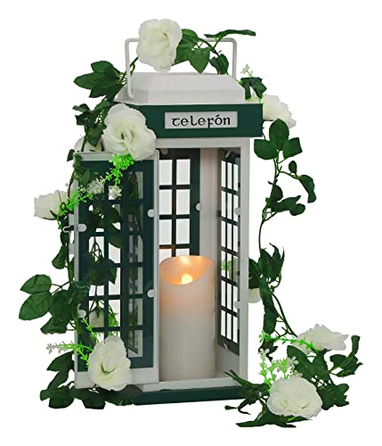 Yakii Metal Candle Lantern Decorative Telephone Booth Design With Artificial White Rose Bouquets Metal Candle Holder Outdoor Decor Garden Patio Decoration #TOP13