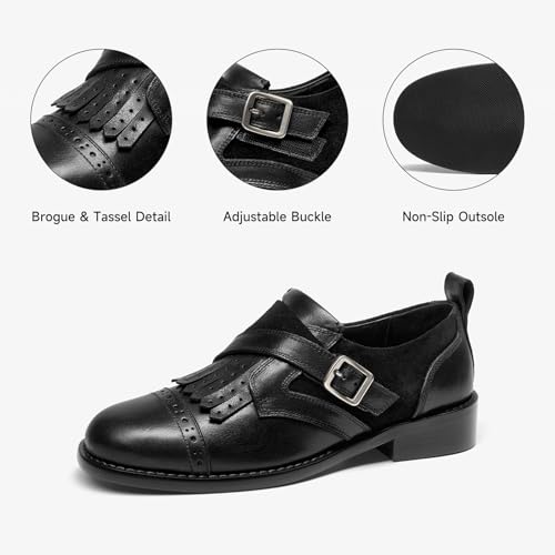 Image of BEAU TODAY Women's Leather Loafers, Wingtip Brogue Monk Strap Shoes | Genuine Leather, Round Toe, Low Heel, Metal Buckle, Non-Slip, Comfortable Business Casual Flats for Work and School