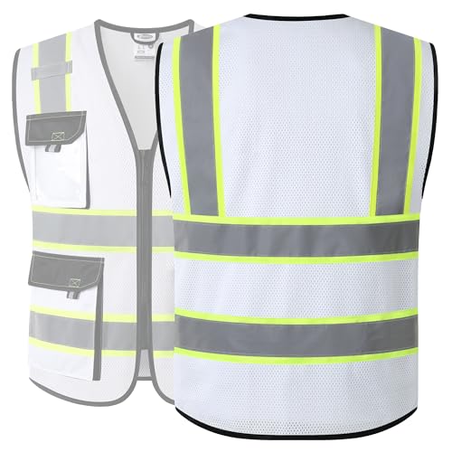 Image of JKSafety Hi Vis Reflective Safety Vests for Men Women High Visibility Vest with Pockets Mesh Fabric Construction Safety Apparel Neon Vest for Work (220-White S)