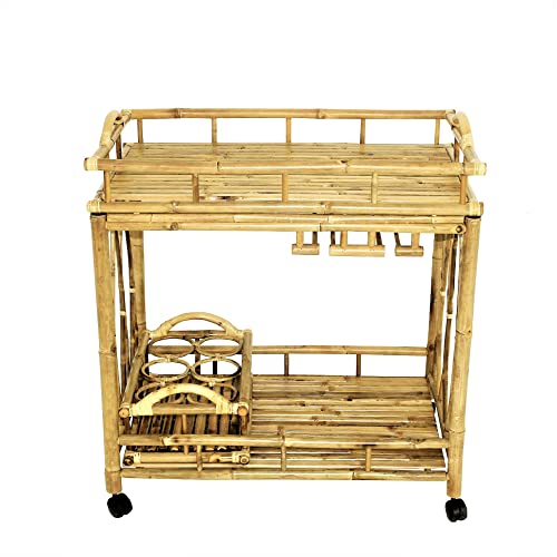 Statra Natural Wheeled Serving Cart Wine Rack Rolling Island Trolley Catering Buffet Utility Kitchen Bottle Holder Bamboo 2-Tier #TOP1