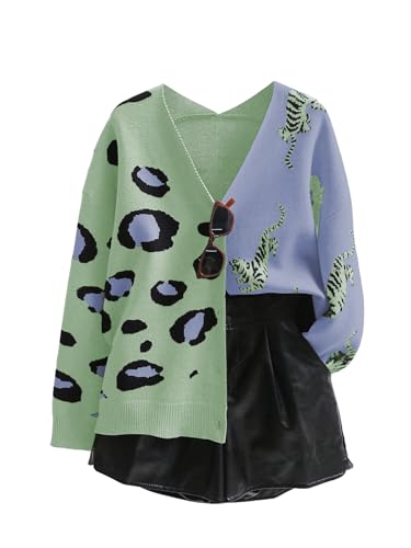 Image of WDIRARA Women's Leopard Tiger Print Cardigan V Neck Long Sleeve Color Block Button Down Sweater Outwear