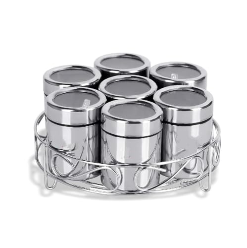 ATROCK 7Pcs Stainless Steel Masala Dabba|Spice Container|Kitchen Jars And Containers|Storage Container|Masala Dani With 7Pcs Stainless Steel Spoon|Set Of 7 Containers With Steel Stand,Blue-Violet ATROCK 7Pcs Stainless Steel Masala Dabba|Spice Container|Kitchen Jars And Containers|Storage Container|Masala Dani With 7Pcs Stainless Steel Spoon|Set Of 7 Containers With Steel Stand,Blue-Violet