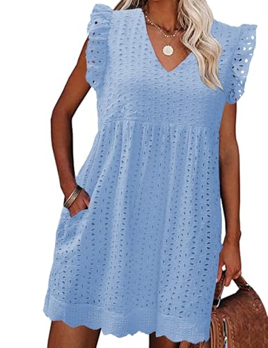 PASUDA Robe Femme Ete Chic Robe Courte avec Poches Robe Boheme Coton en Dentelle Jacquard Col en V Ample Robe Swing D 'été Robe de Plage Décontracté à...