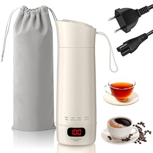 Herbst Elektrische reiswaterkoker, klein, 3 minuten, snel opwarmen en 4 temperatuurniveaus, draagbare waterkoker voor thee, koffie en babyvoeding, 400 ml mini-koker voor reizen, kantoor en camping