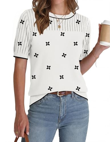 Zeagoo Women Tops Short Sleeve Shirts Crew Neck Hollow Out Work Fashion Spring Summer Sweaters Loose Fit Business Casual Outfits