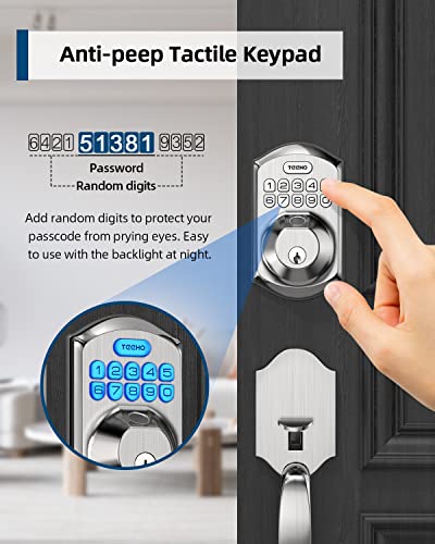 Fingerprint Keyless Entry Door Lock With Handle - Teeho Te002H Smart Keypad Deadbolt Set For Front Door - 0.3S Biometric Identify - Auto Lock - Ip54 Waterproof - Stain Nickel #TOP3