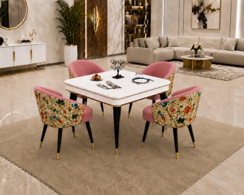 Image of WOODEN SPACE 4 Seater Wooden Dining Table Set | Urban Marble Top Dining Table with Chairs for Dining Room & Kitchen (Modern Classic Printed Pink) (42 x 42 x 30 inch)