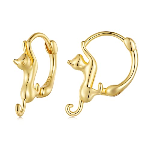 WOSTU Sterling Silver Cat Hoop Earrings - 18K Gold Plated, Hypoallergenic Cute Kitty Earrings for Cat Lovers