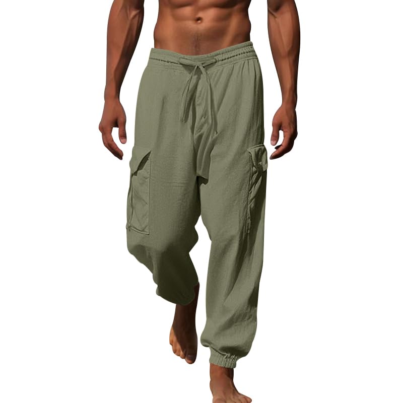Linen Pants for Men Casual Elastic Waist Drawstring Pants Summer Beach Palazzo Trousers with Pockets