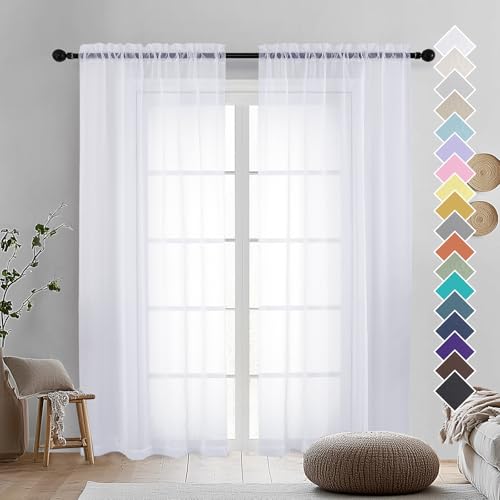 OVZME 2 Panels Sheer White Curtains 72 Inches Length Window Treatment for Kitchen, Elegant Airy Transparent Curtain Draperies Rod Pocket for Kids Living Room, Each 42 Width 72 Length