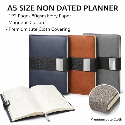 Image of A5 Non-Dated Planner Notebook with Magnetic Closure - Premium Jute Cloth Cover Diary, 192 Pages 80 GSM Ivory Paper - Personal Journal, Office Planner & Writing Notebook (Grey)