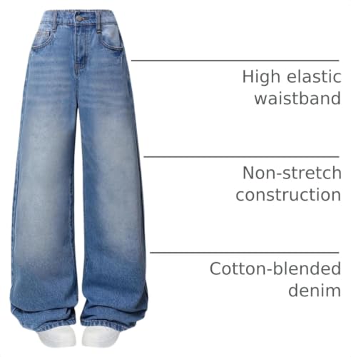 Image of Jeans for Girls Baggy Wide Leg Cute Bow High Elastic Waisted Denim Pants Y2K Boyfriend Skater Streetwear 7-14Y