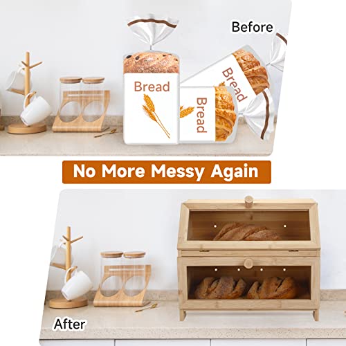 Bread Box Double Layer Bread Box For Kitchen Countertop Bamboo Bread Storage Container Bread Holder For 2 Large Loaves Of Bread #TOP1